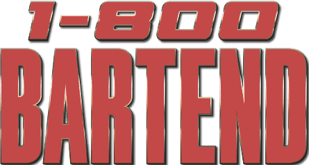 The image features bold red text with black shadows that reads "1-800 BARTEND," capturing the dynamic spirit of Bartending School NY.