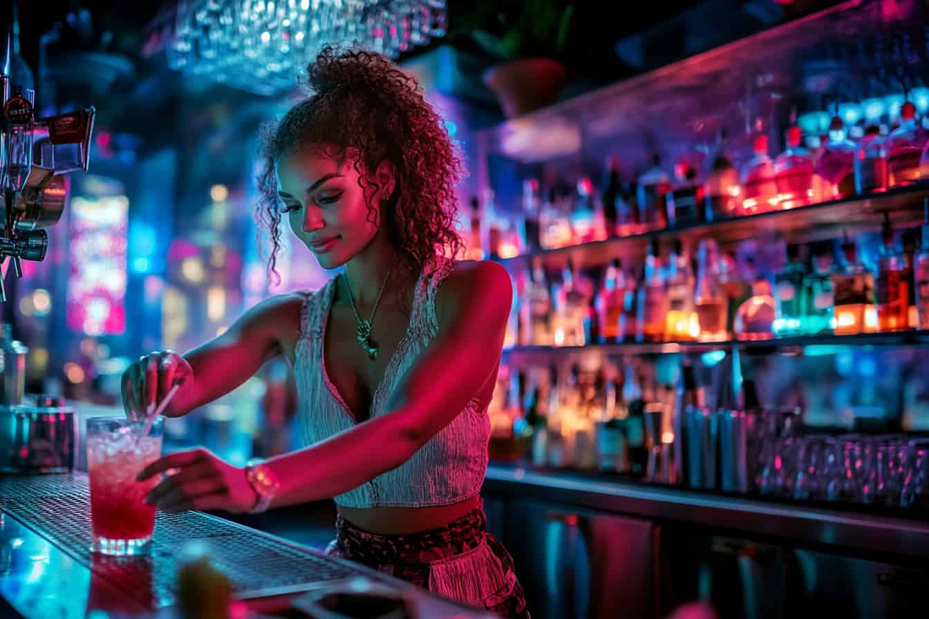 A bartender with curly hair, who honed their skills in New York Bartending Classes, mixes a colorful drink at a modern bar. The atmosphere is lively, with neon lights reflecting off the bottles on the shelves. The scene buzzes with vibrant, energetic ambiance.