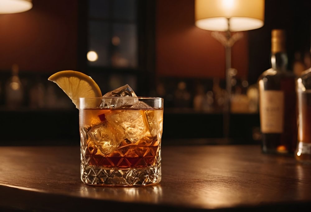 A cocktail with ice cubes and a lemon wedge garnish sits on a wooden bar counter, with a bottle and softly lit lamps in the blurred background, creating a warm, inviting atmosphere.