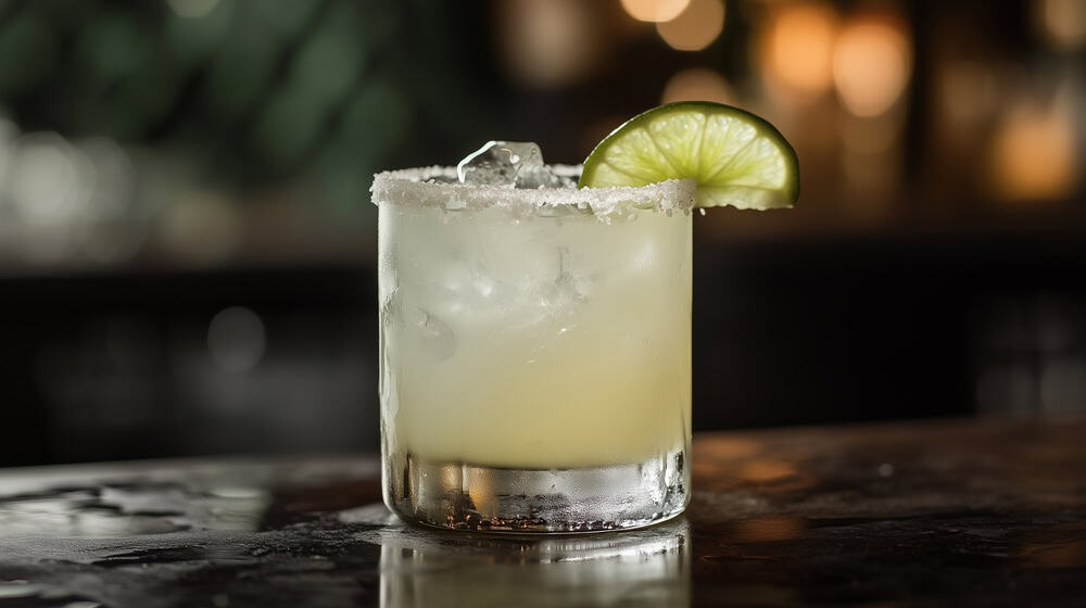 A margarita cocktail served in a short glass with a salted rim, filled with ice and garnished with a slice of lime. The background is softly blurred, highlighting the drink.