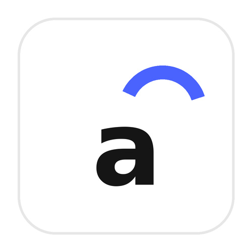 Bartending school logo: lowercase “a” in black, blue curved line above, on a white square background.