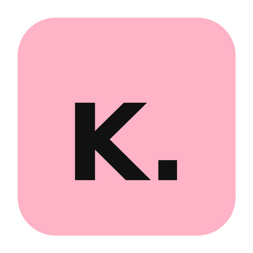 A bold black letter K and period on a pink square suggests bartending school with a modern style.